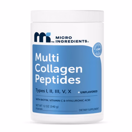 Micro Ingredients Polvo de Péptidos de Colágeno Múltiple, Espectro Completo Tipo I, II, III, V, X + Biotina, Ácido Hialurónico y Vitamina C, sin Sabor, Apto para Keto y Paleo, 12 Onzas